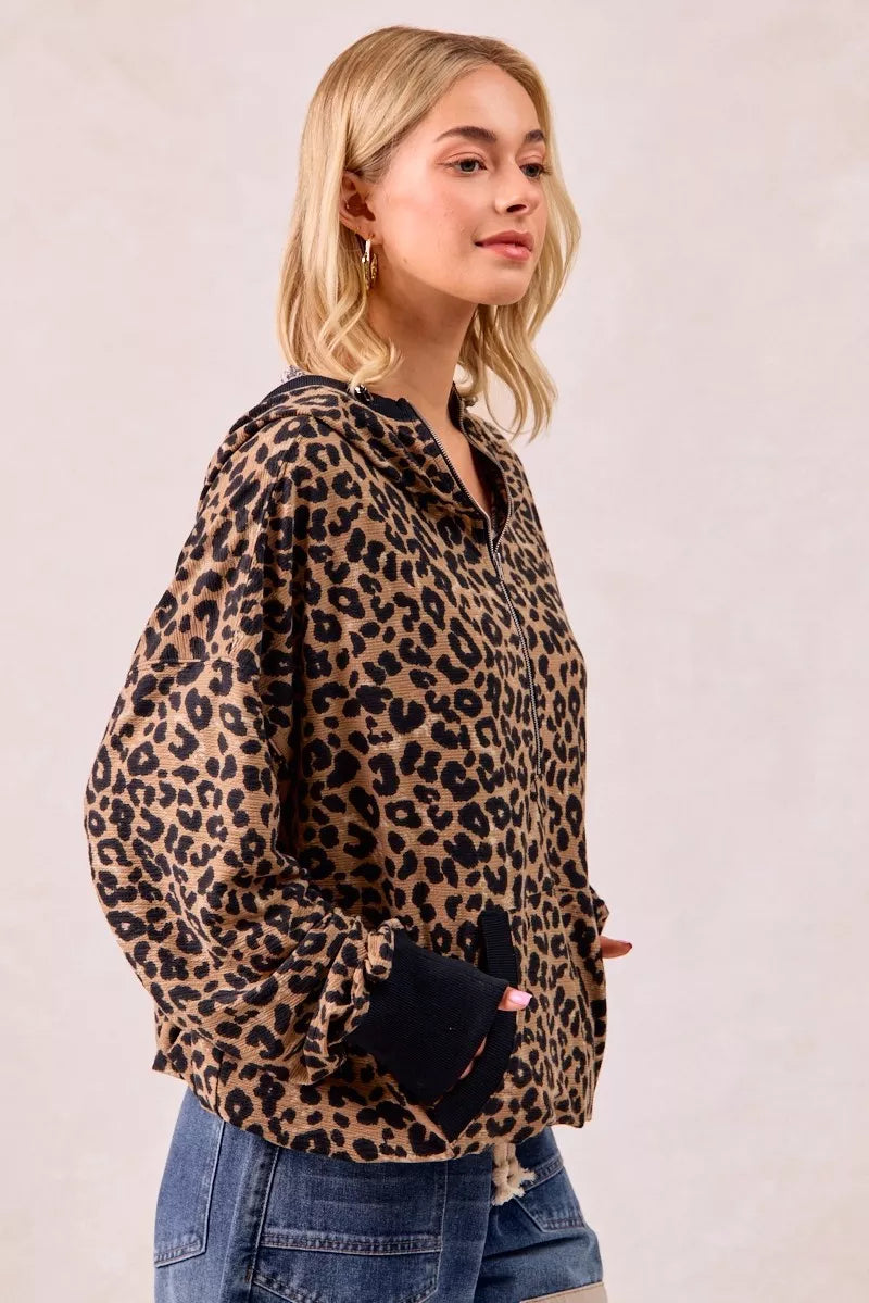 BiBi Leopard Print Waffle Half Zip Up Hoodie W Pocket