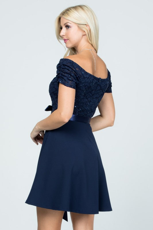 Ruched Off The Shoulder Lace Fit And Flare Dress