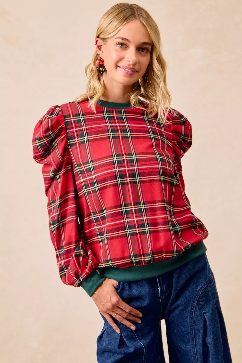 Plaid Exaggerated Shoulder Top