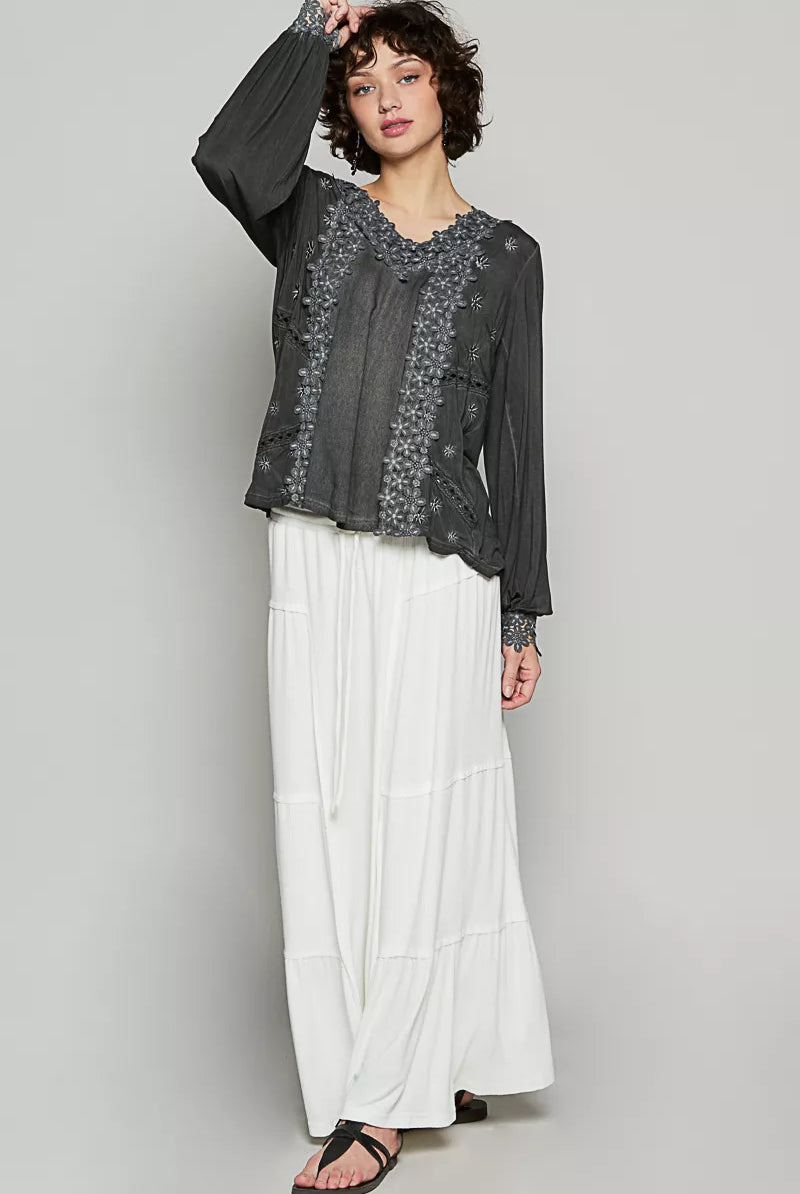 Floral Embroidery Woven Top with Lace Trim