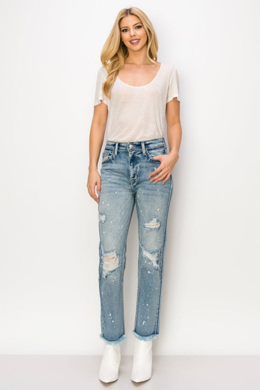 High Rise Distressed Straight Jeans