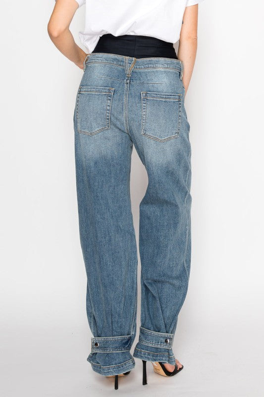 Adjustable Hem Knit Band Wide Leg Jeans