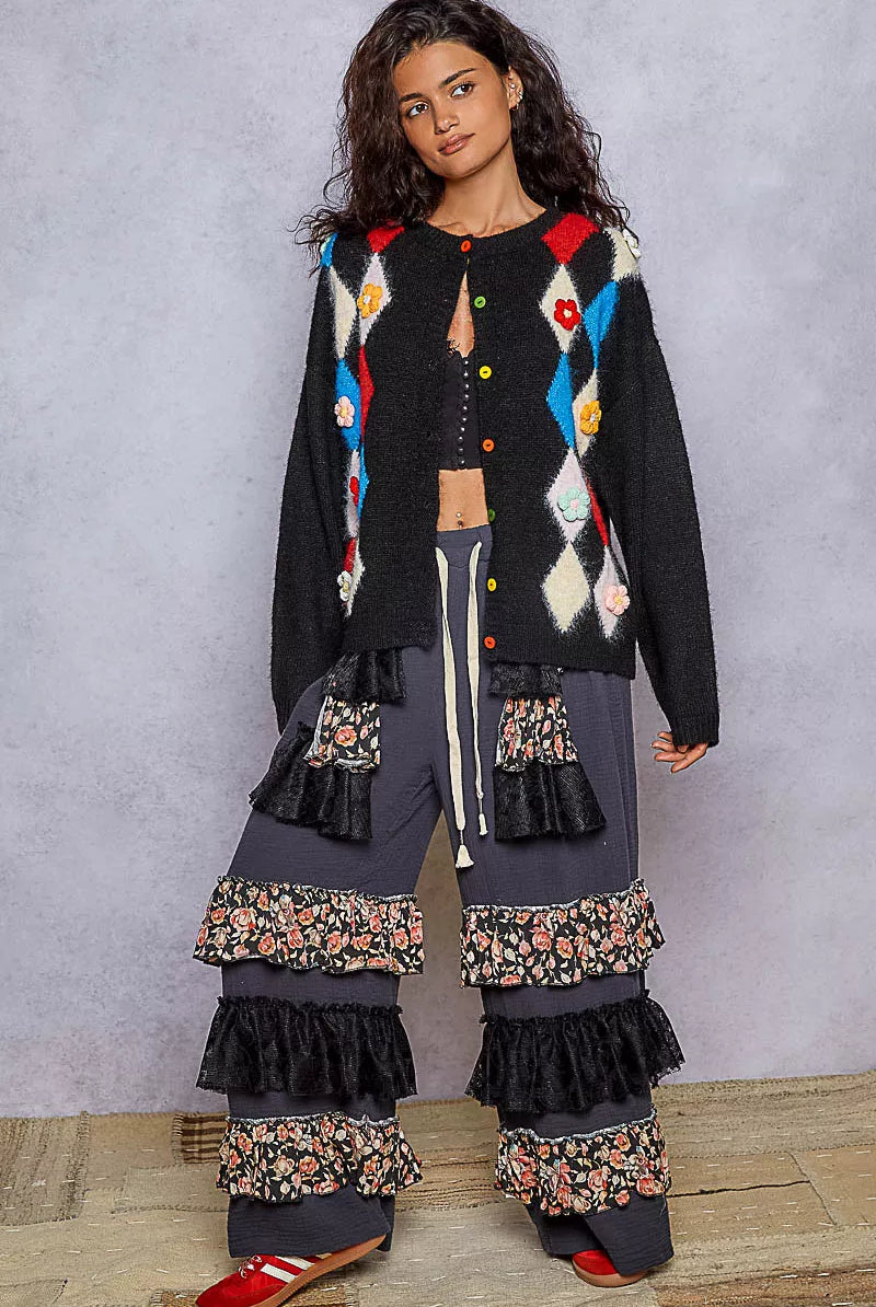 Button Down Diamond Pattern Cardigan