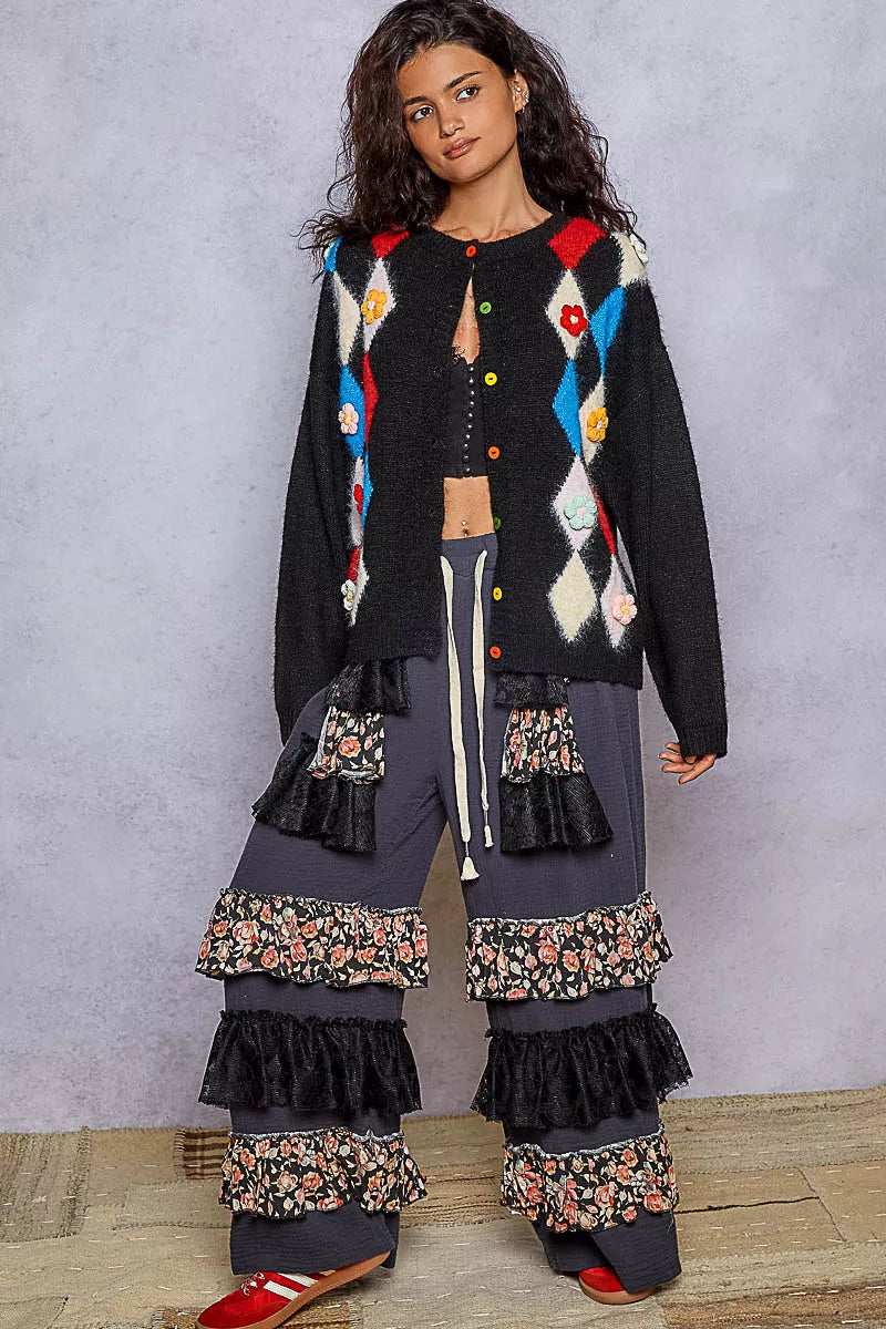 Button Down Diamond Pattern Cardigan