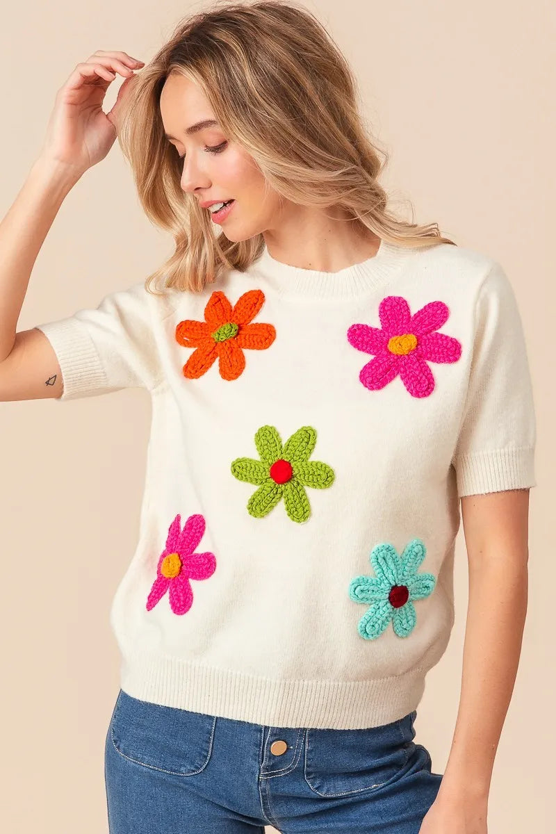 Crochet Flower Patch Sweater Top