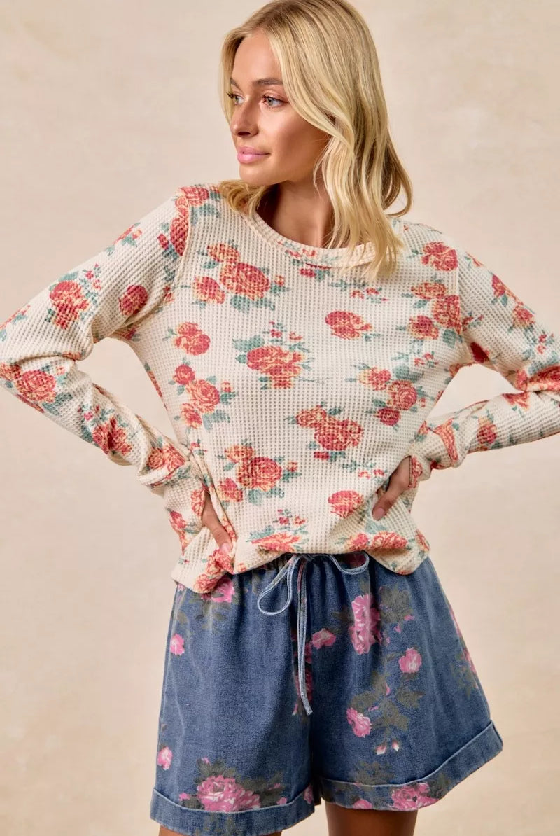 Floral Washed Waffle Thermal Top