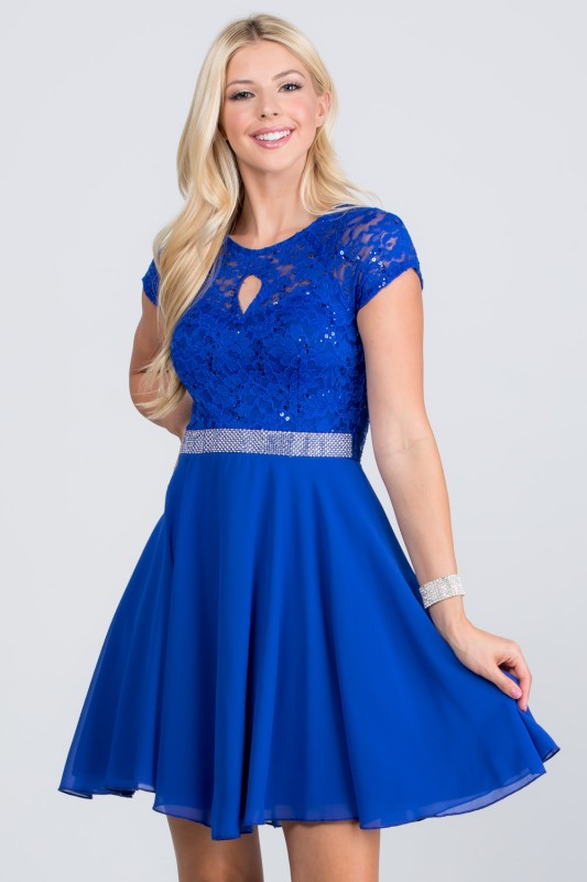 Lace Bodice Beaded Belt Chiffon Mini Dress