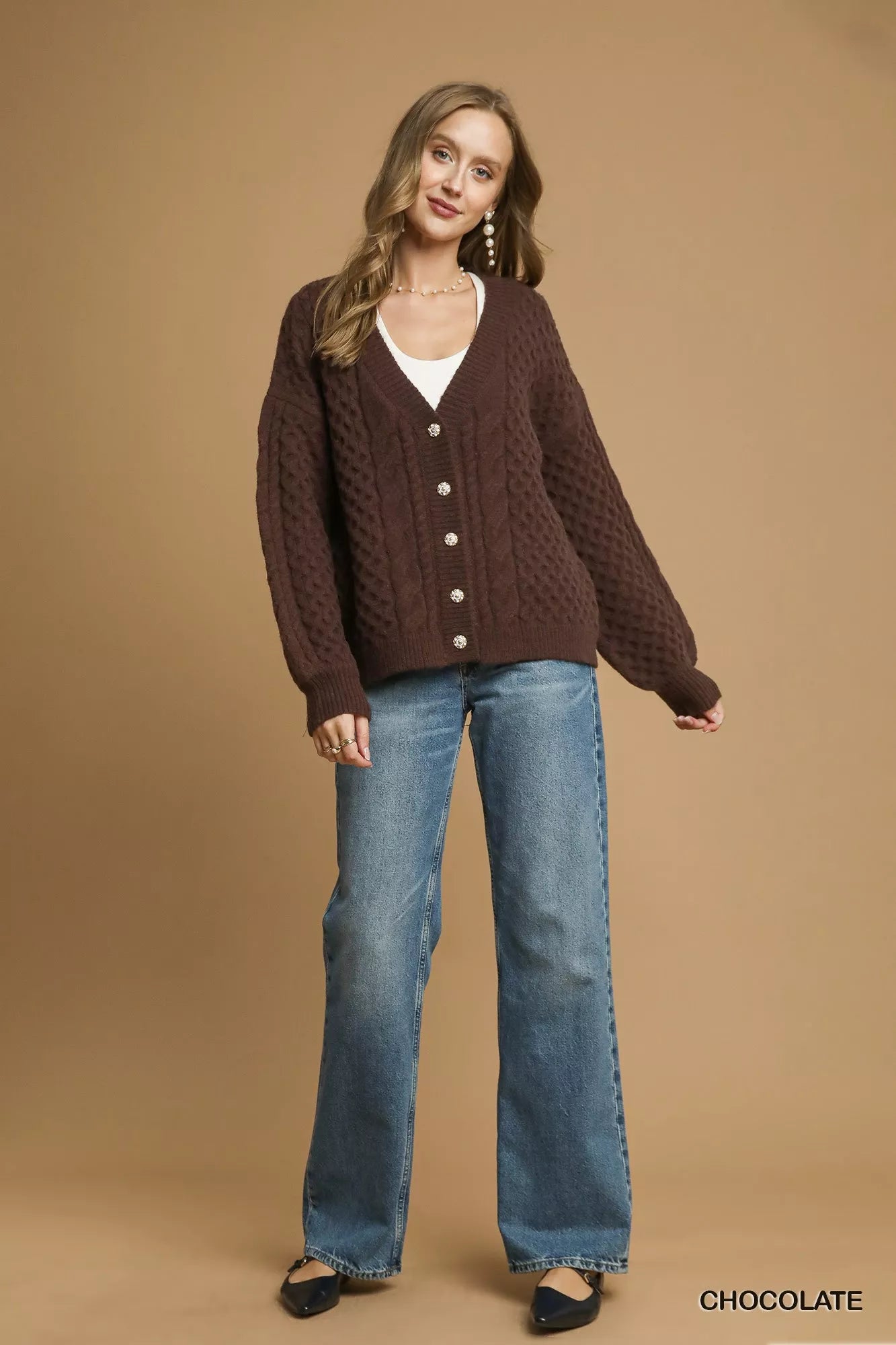 Cable Knit Pearl Button Cardigan