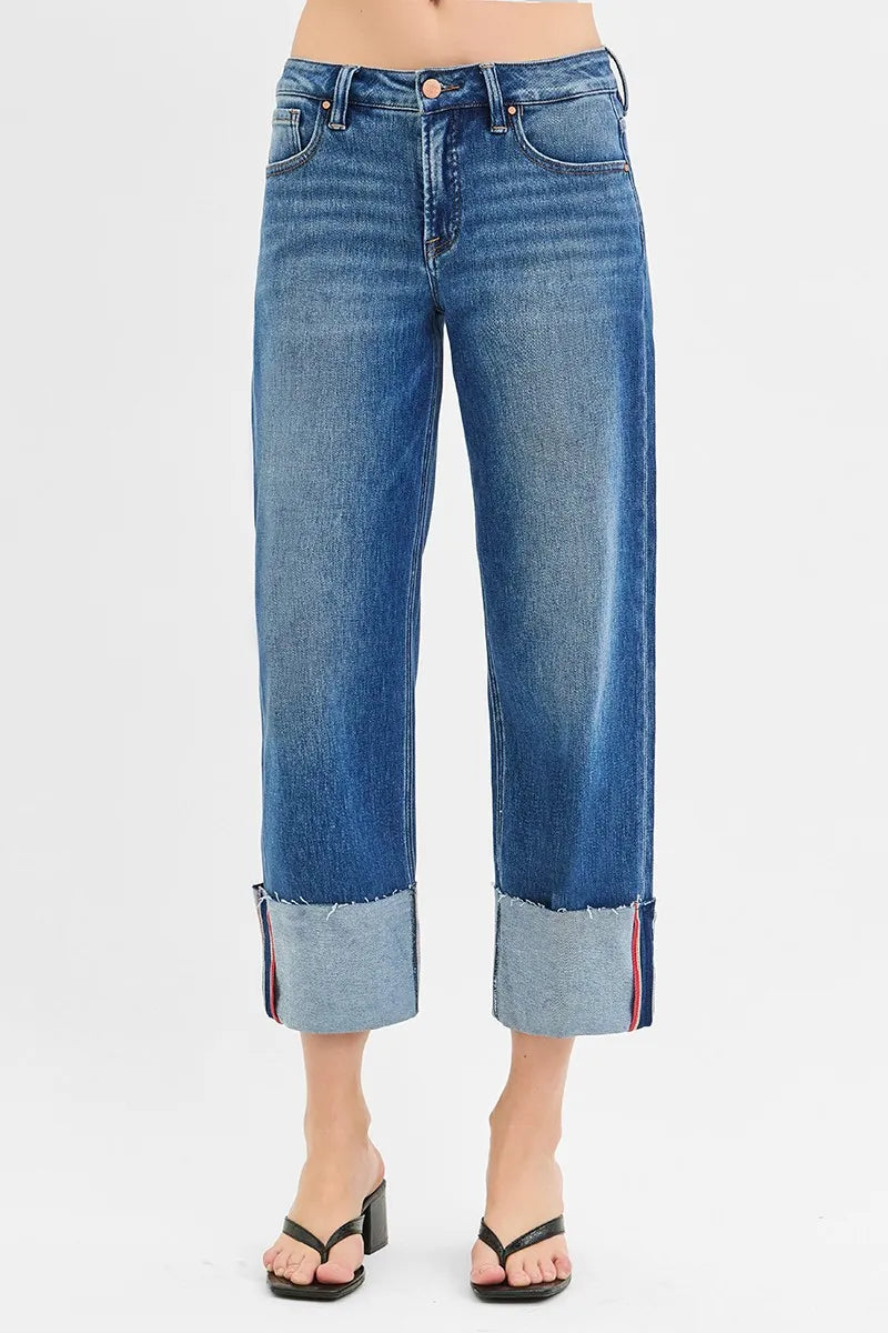 Tummy Control Mid Rise Wide Cuffed Jeans