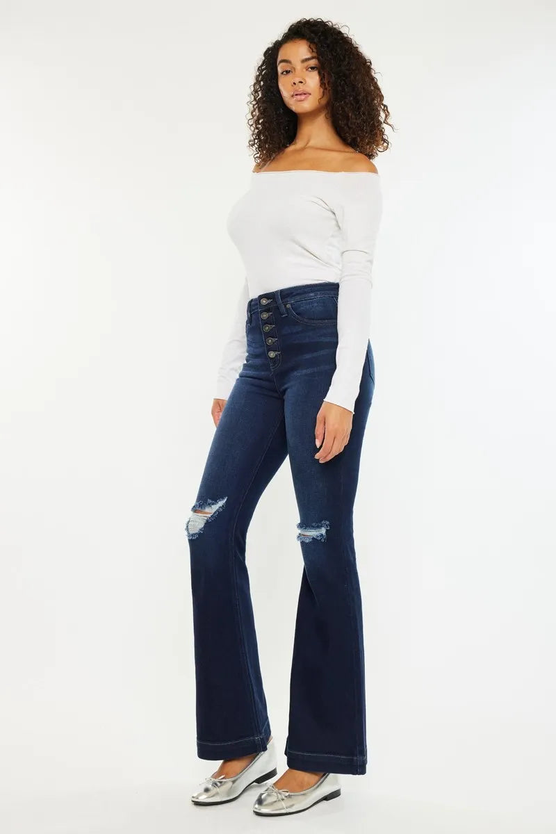 Button Fly High Rise Distressed Flare Jeans