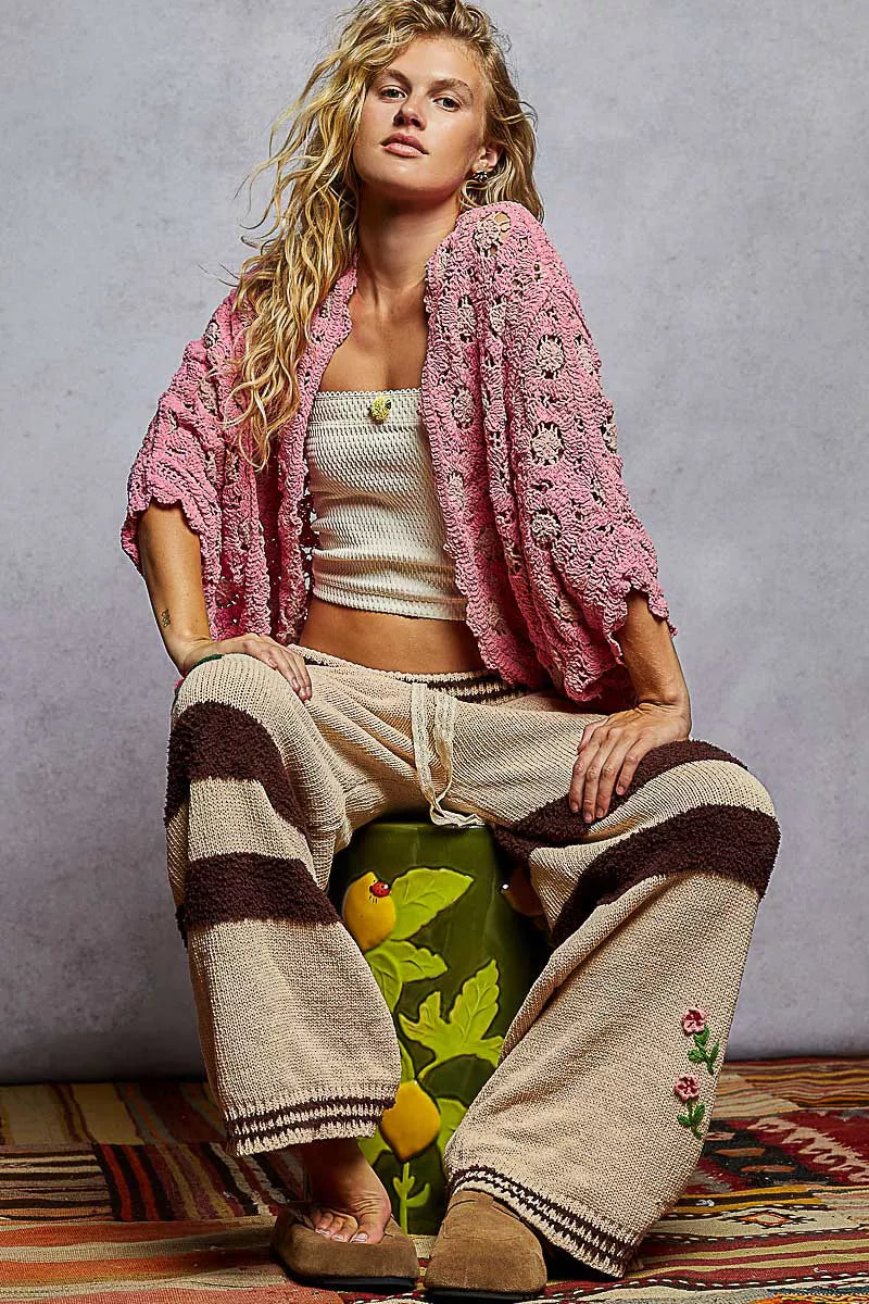 Openwork Chenille Cardigan with Contrast Floral