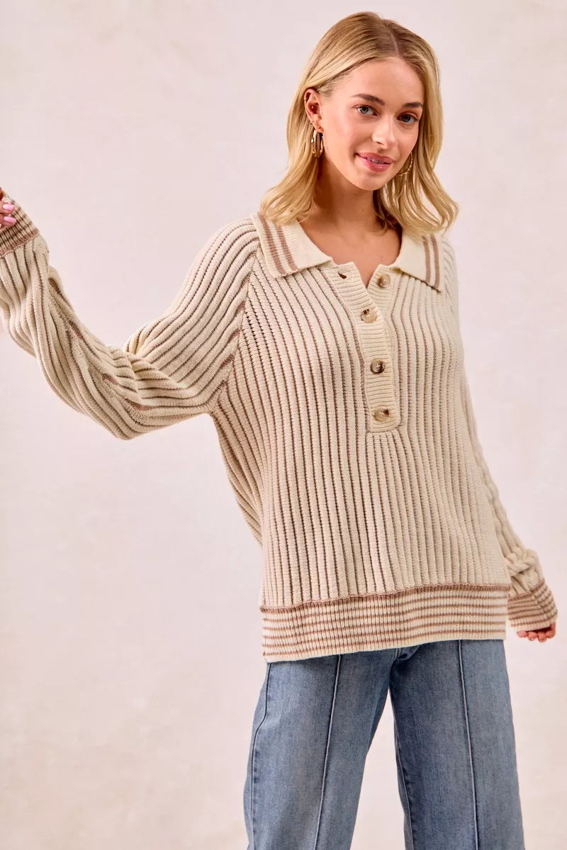 Half Button Ribbed Two Tone Sweater