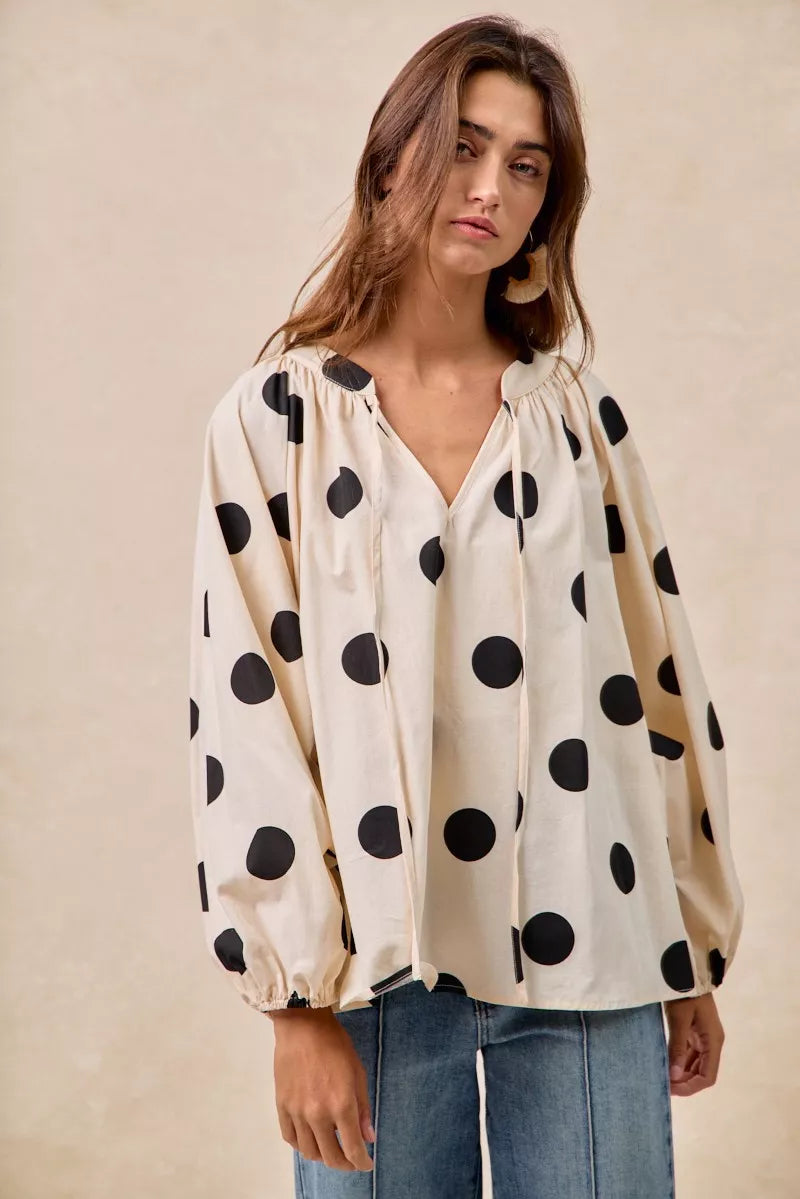 Polka Dot Balloon Sleeves Blouse
