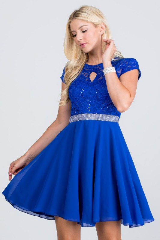 Lace Bodice Beaded Belt Chiffon Mini Dress