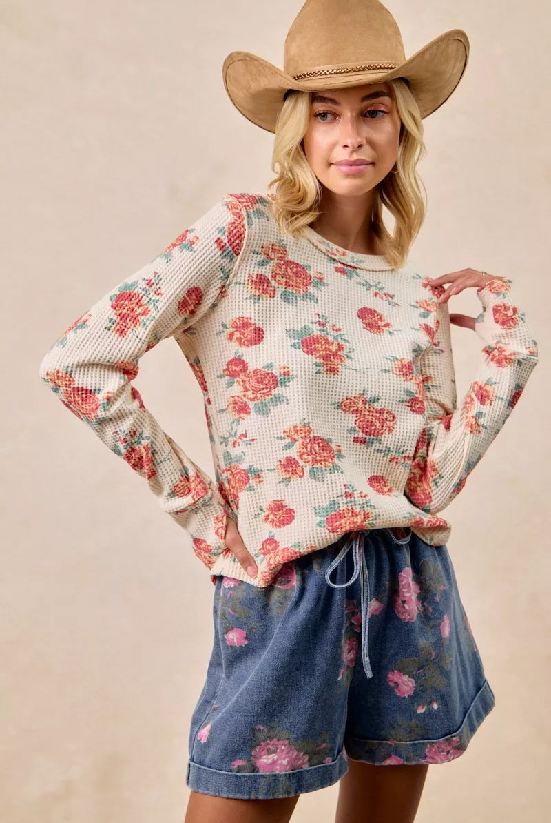 Floral Washed Waffle Thermal Top