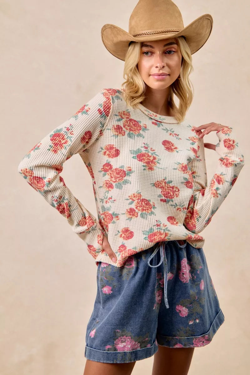 Floral Washed Waffle Thermal Top