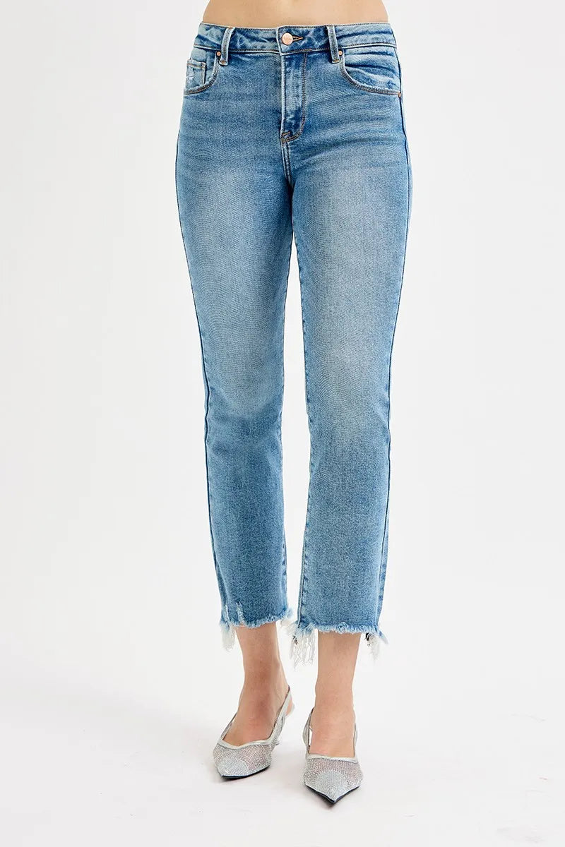Mid Rise Crop Straight Slim Jeans