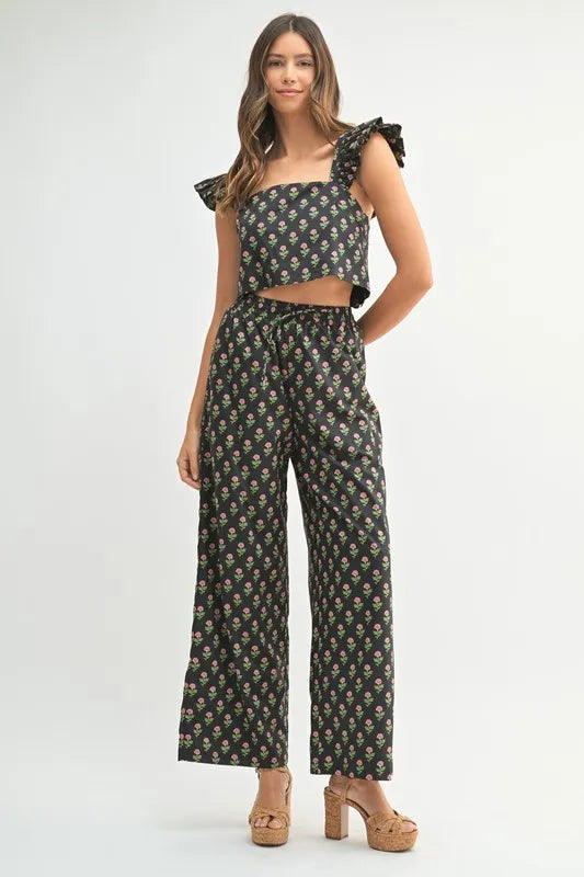 Floral Print Ruffle Top and Pants Set