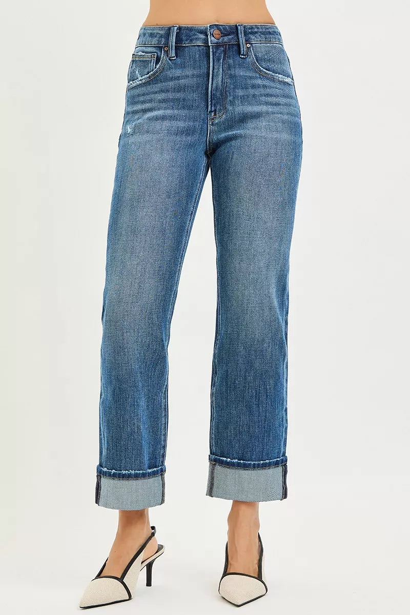 4 Way Stretch Slouchy Straight Jeans with Cuffed Hem