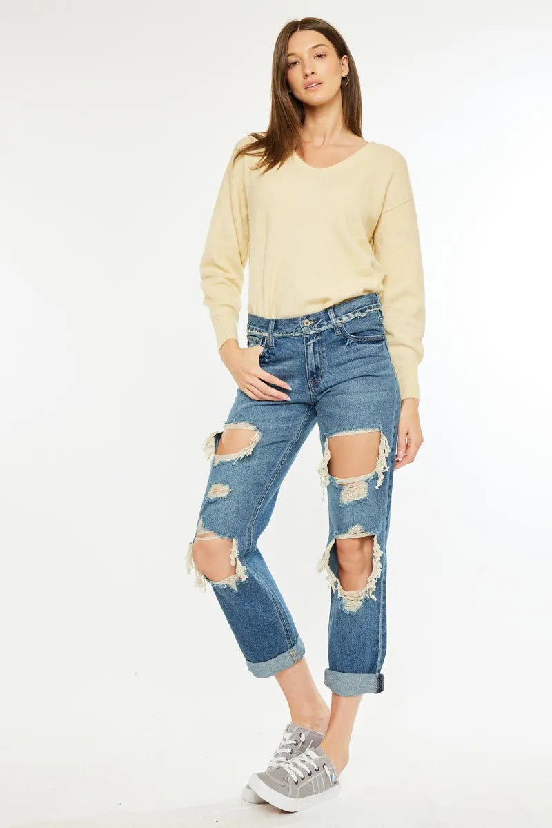 Distressed Mid Rise True Boyfriend Jeans
