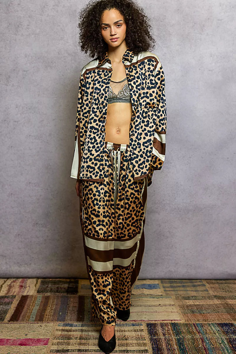 Leopard Printed Woven Wide Leg Drawstring Pants