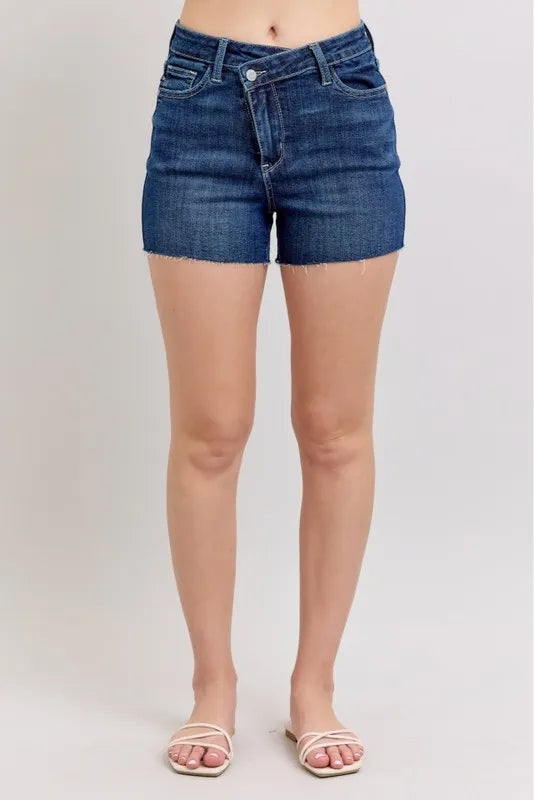 High Waist Criss-Cross Waistband Denim Shorts