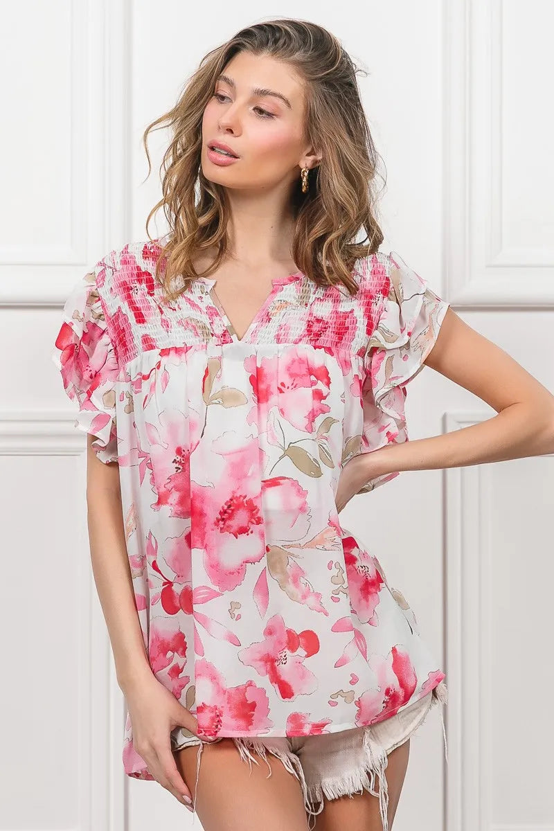Floral Print Flutter Sheer Top