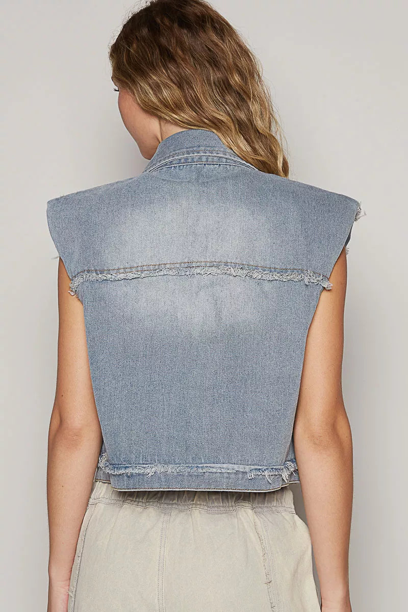 Asymmetrical Front Closure Raw Hem Denim Vest
