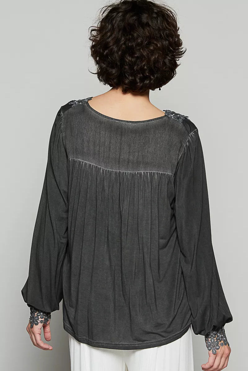 Floral Embroidery Woven Top with Lace Trim