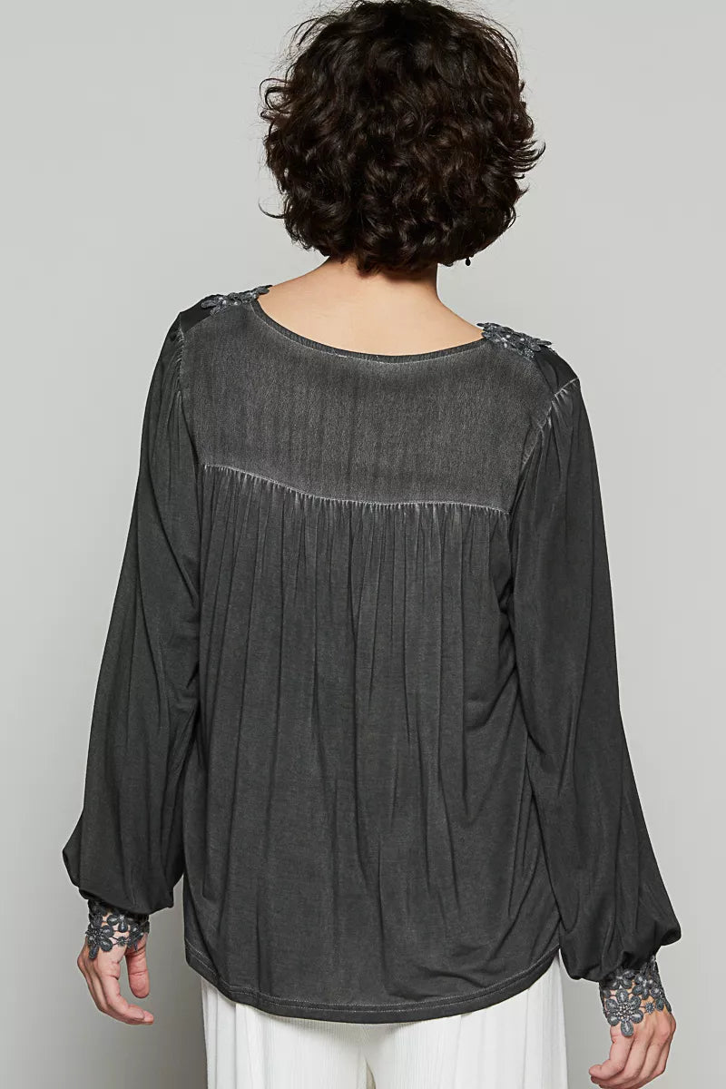 Floral Embroidery Woven Top with Lace Trim