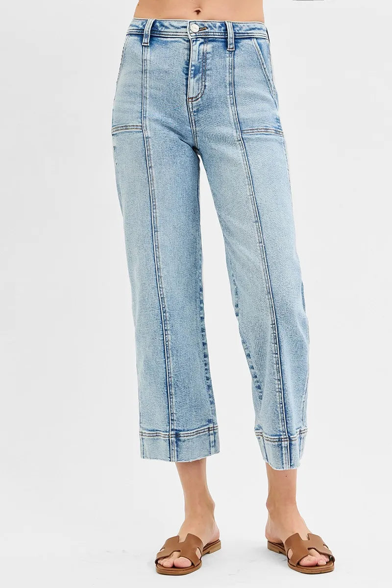 High Rise Crop Wide Front Seam Detailed Jeans