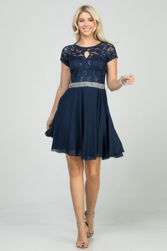 Lace Bodice Beaded Belt Chiffon Mini Dress