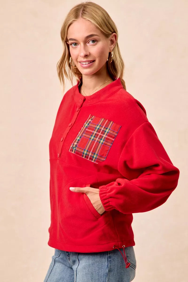 Christmas Theme Fleece Buttoned Top with Pockets