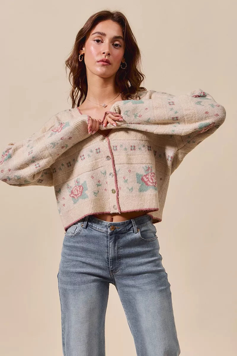 SO ME Floral Pattern Long Sleeve Button Sweater Cardigan