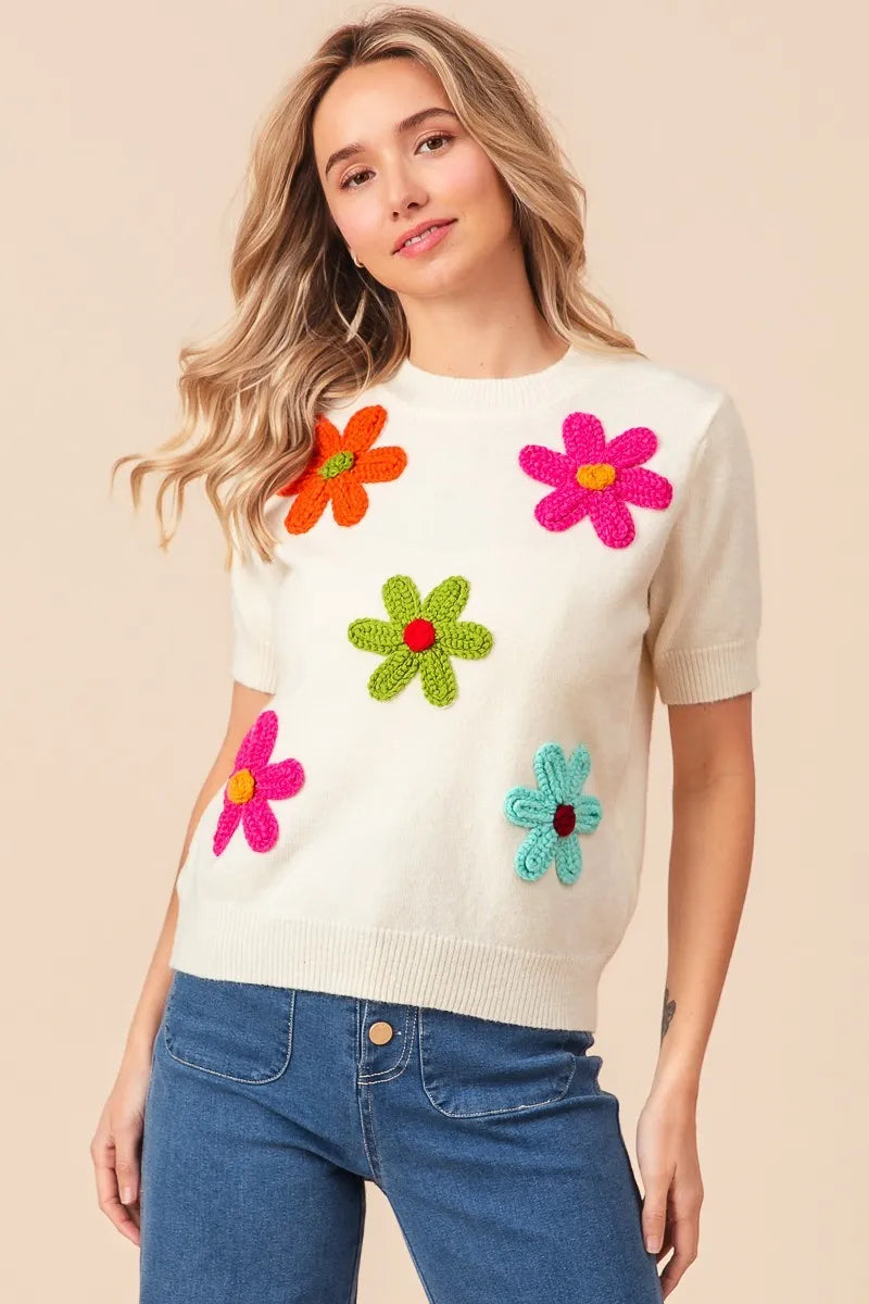 Crochet Flower Patch Sweater Top