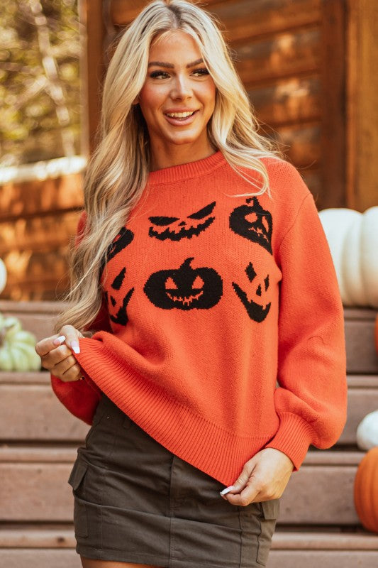 Pumpkin Print Drop Shoulder Sweater