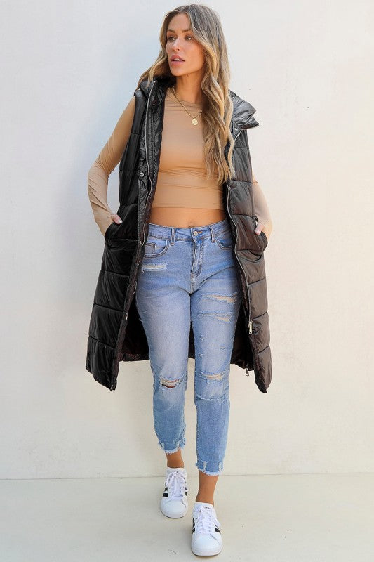 Quilted Long Hooded Vest