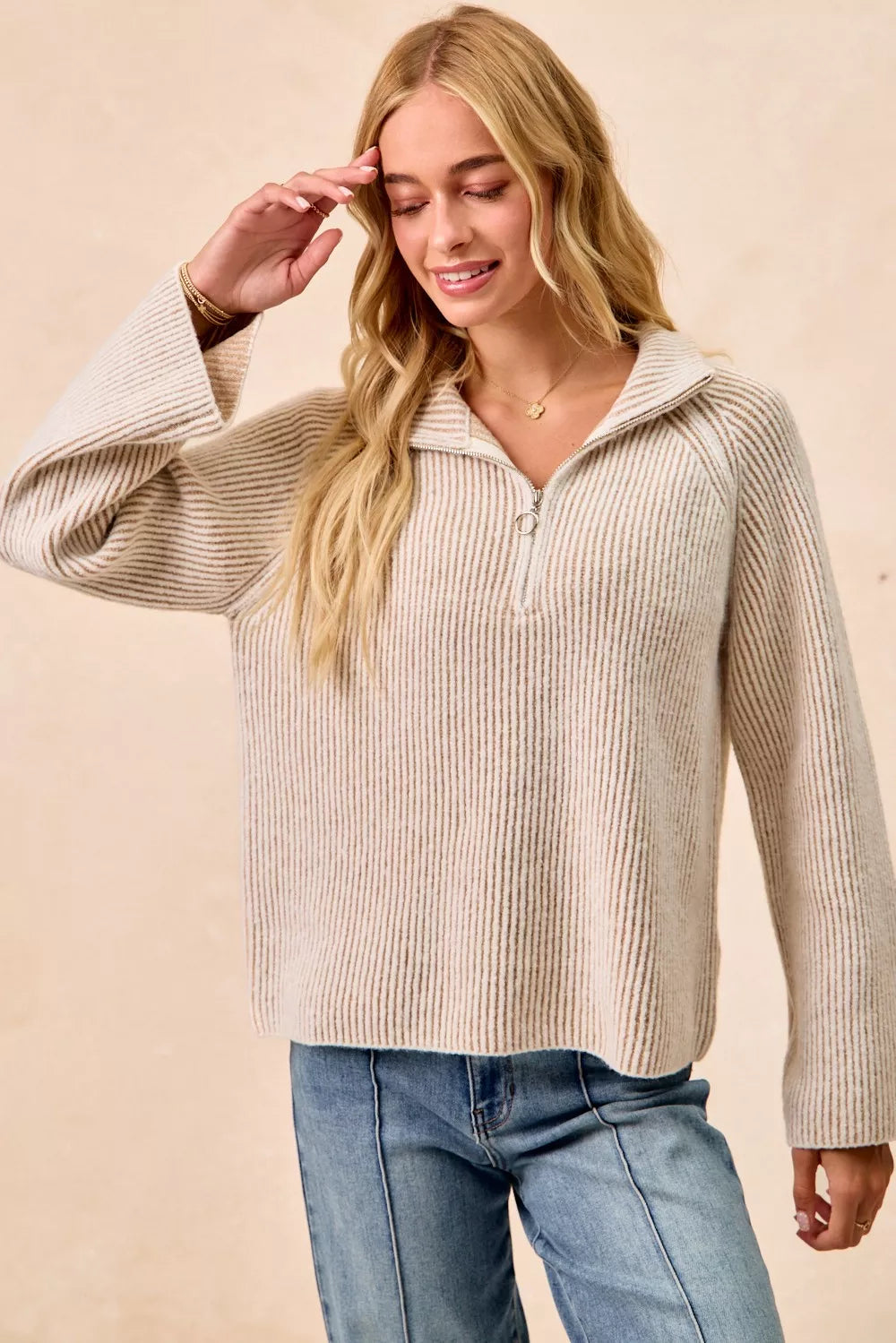 Rib Textured Knit Collared Top with Zip Up