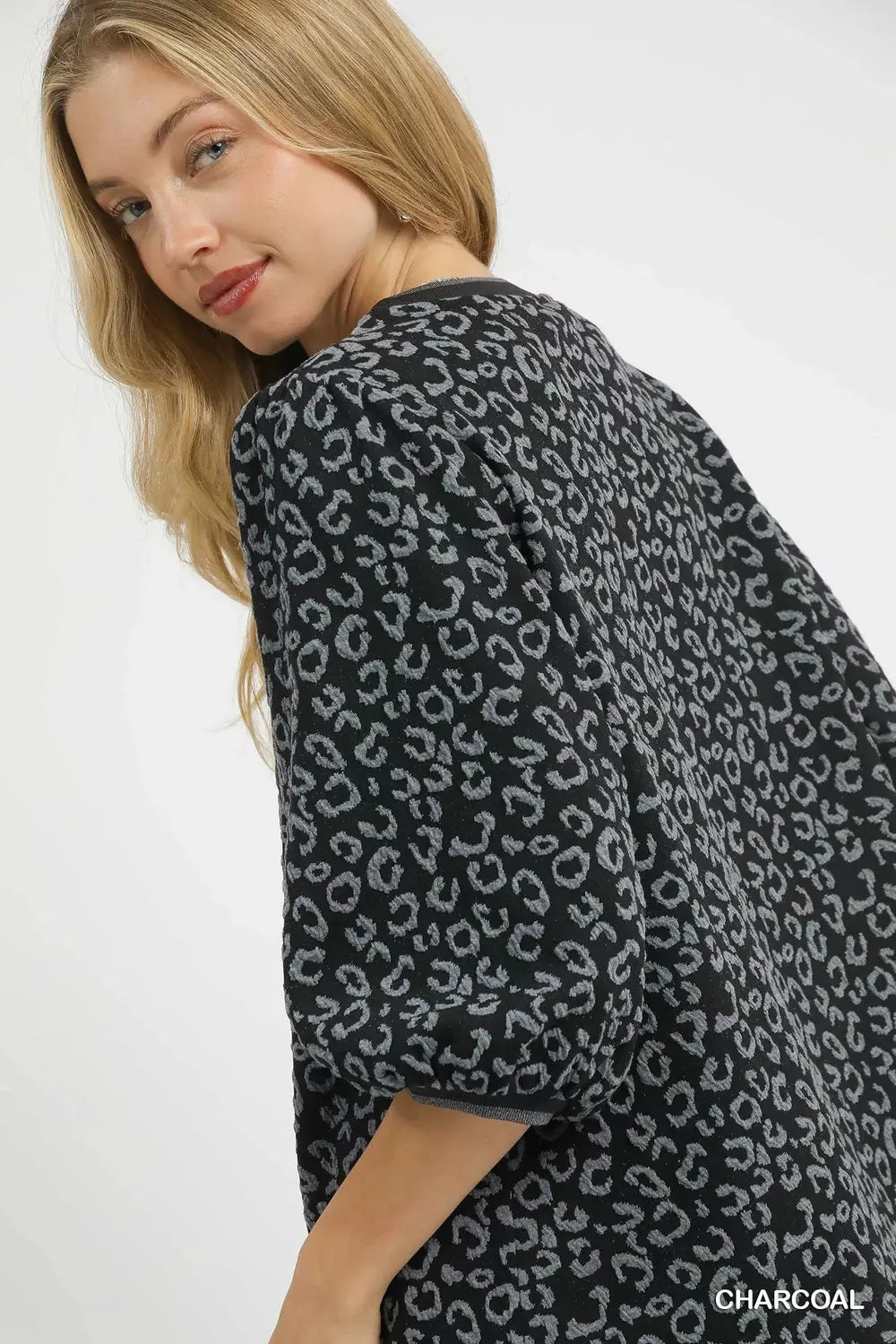 Leopard Print Jacquard Blouse with Puff Sleeves