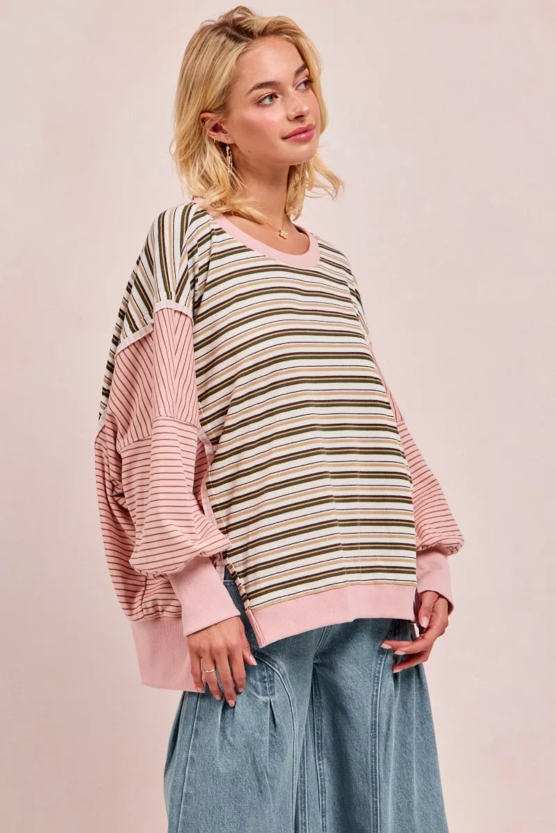 Striped Top With Cut Edge And Reverse Outseam