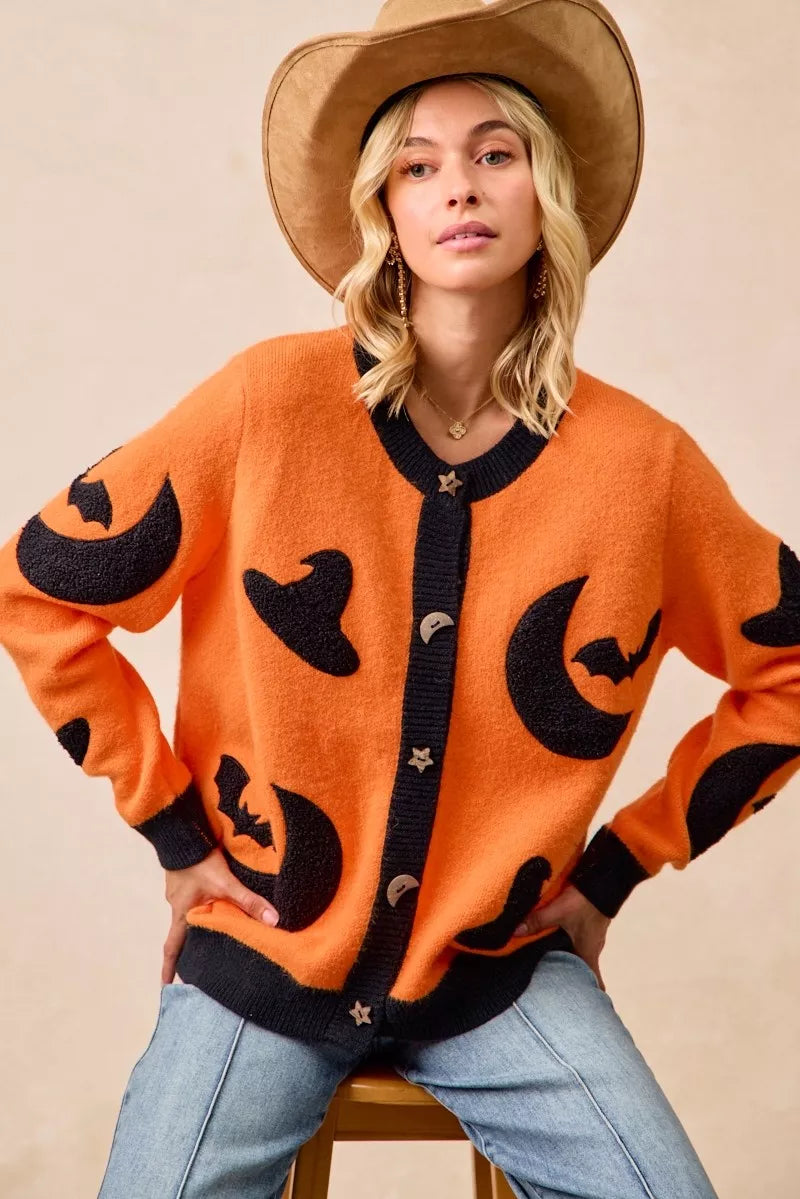 BiBi Halloween Witch Hat Moon Bat Artwork Cardigan