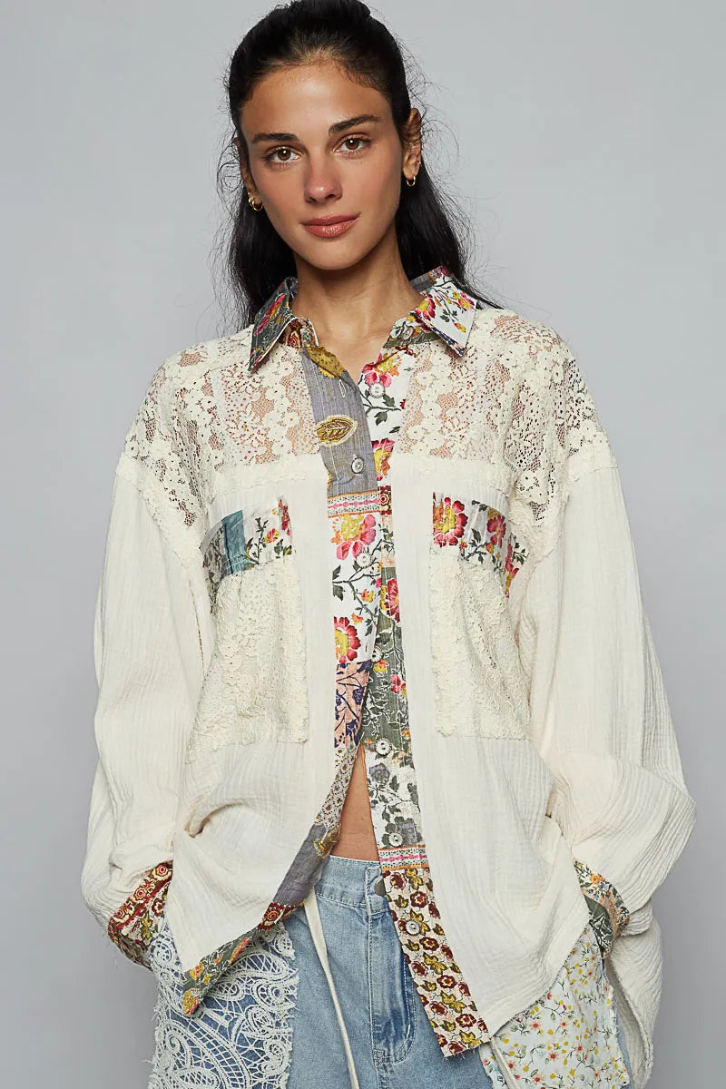 POL Lace Patchwork Floral Trim Long Sleeve Shirt