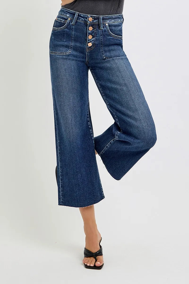 High Rise Wide Button Up Crop Jeans