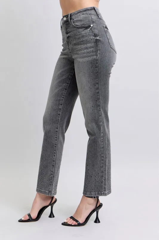 High Waist Rhinestone Straight Jeans