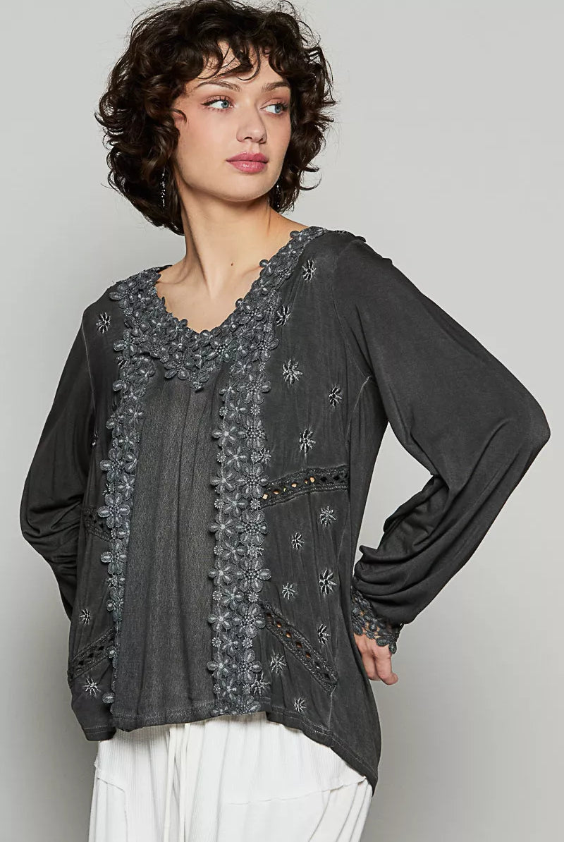 Floral Embroidery Woven Top with Lace Trim