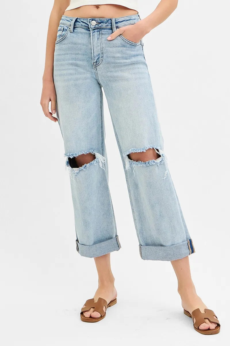 Mid Rise Fit Boyfriend Jeans with Cuff