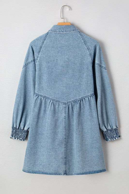 Denim Smocked Cuffs Shirt Mini Dress