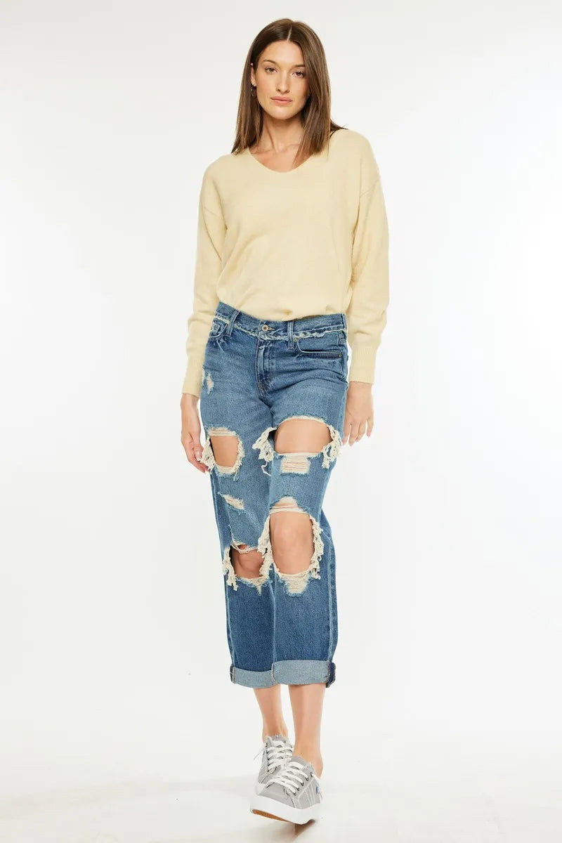 Distressed Mid Rise True Boyfriend Jeans
