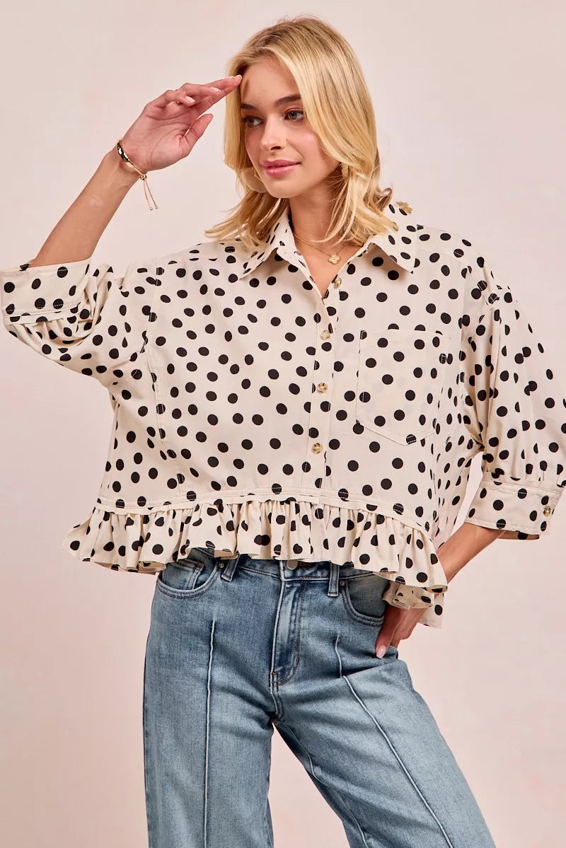 Polka Dot Peplum Top with Front Button