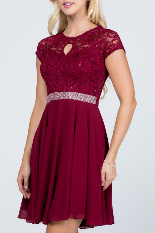 Lace Bodice Beaded Belt Chiffon Mini Dress